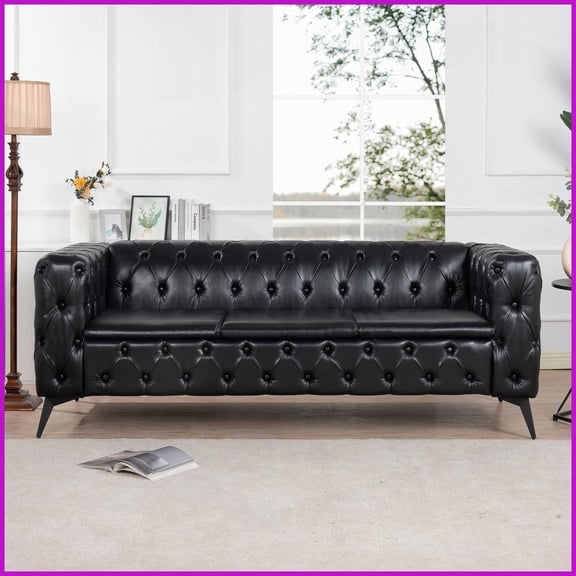 84 Inch Traditional PU 3-Seater Sofa Living Room Comfort with Removable Cushions & Pocket Springs
