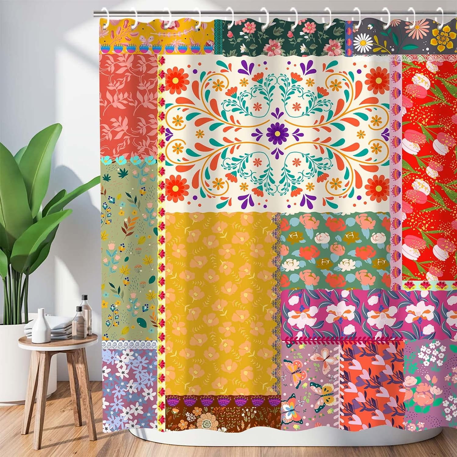 84 Inch Wide Boho Shower Curtain Sets Stitching Floral Shower Curtain