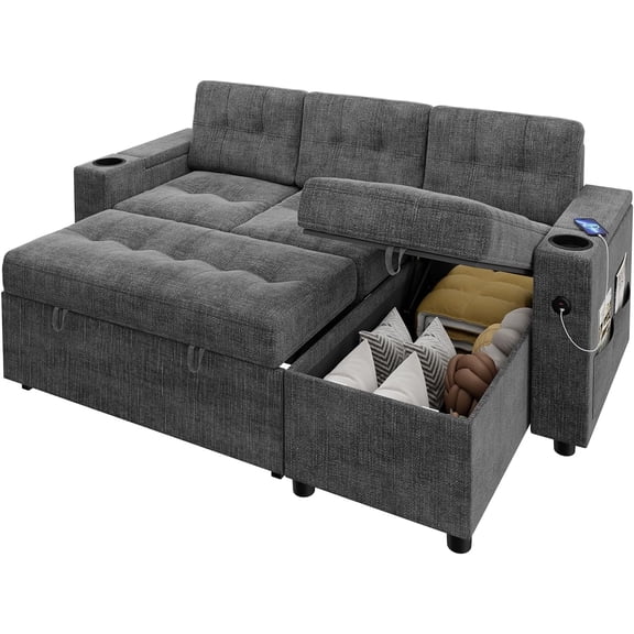 84" L-Shaped Convertible Sofa Bed with Storage, Sleeper Sectional w/ USB Ports & Cup Holders for Small Spaces
