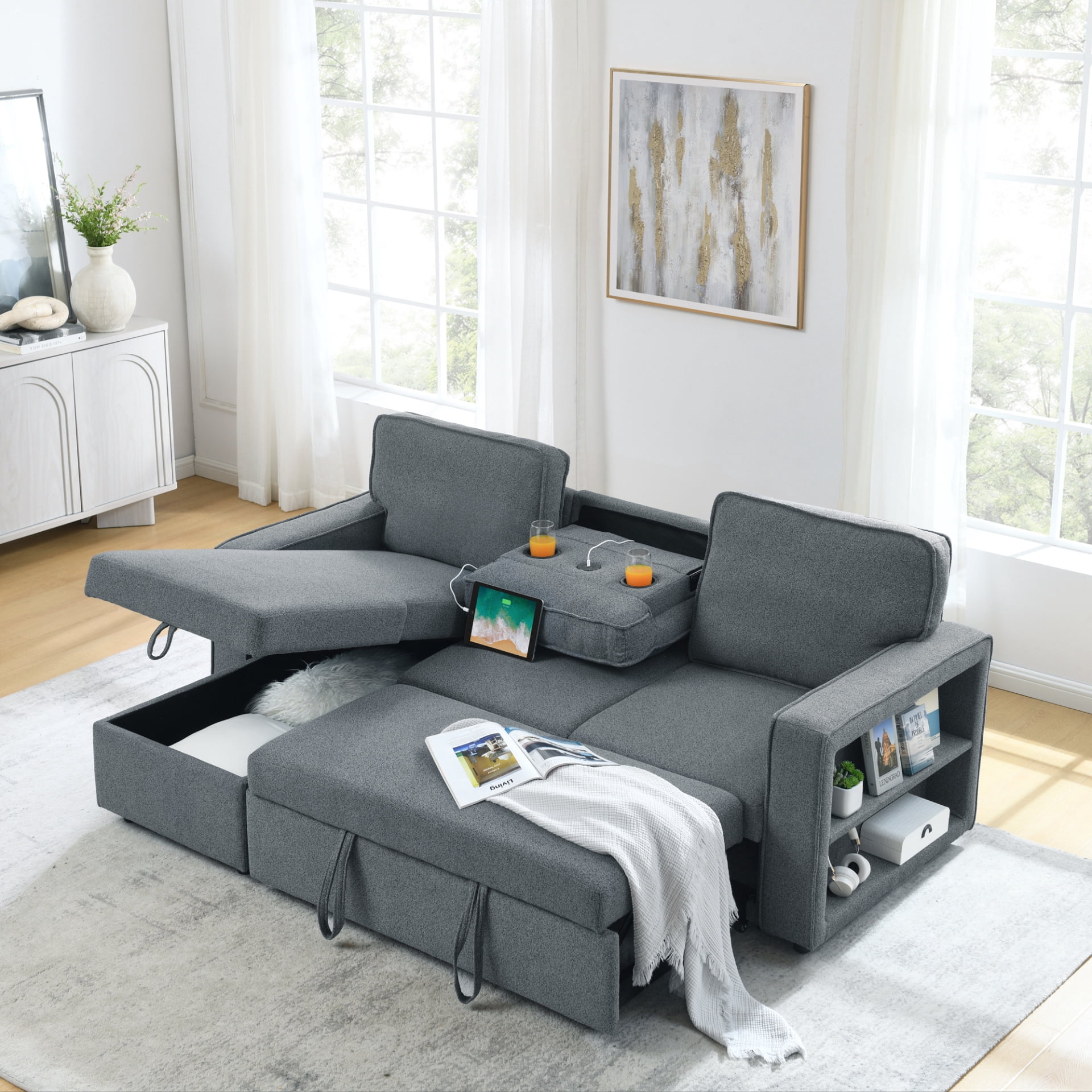 84" L-Shaped Pull Out Sofa Bed w/Storage Chaise, Linen Tufted Sectional ...
