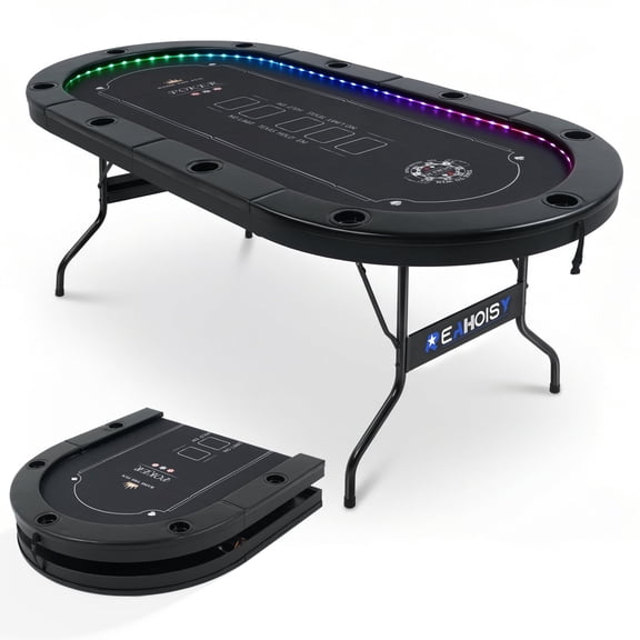 84" LED Poker Table, 10 Player Oval Foldable Texas Holdem Casino Table with Tri-Color LED Lights, Padded Armrests & 10 Cup Holders for Home Game Room