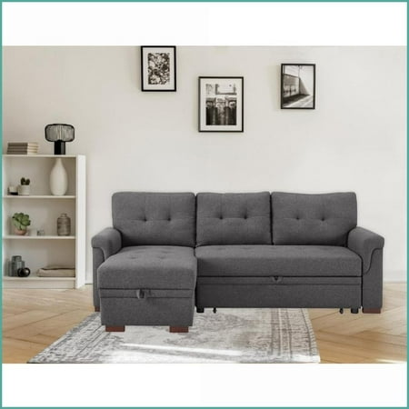 84" Linen Reversible Sleeper Sectional Sofa with Storage Chaise | Dark Gray | Tufted Back | Square Arms