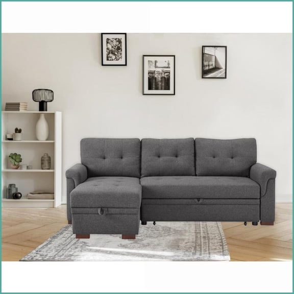 84" Linen Reversible Sleeper Sectional Sofa with Storage Chaise | Dark Gray | Tufted Back | Square Arms