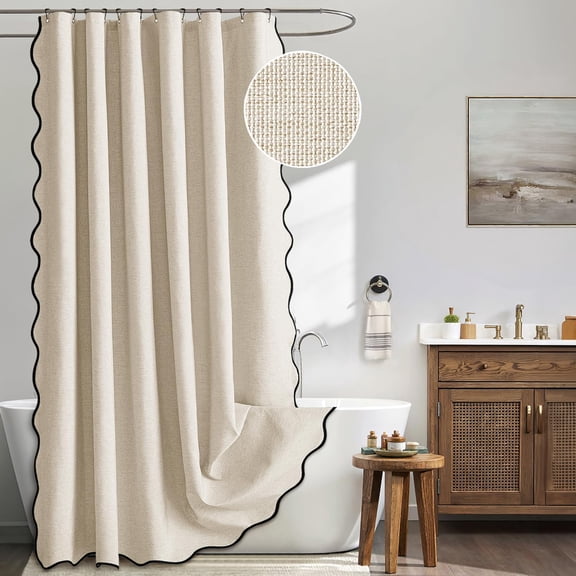 84" Long Scalloped Linen Textured with 12 Metal Hooks Cute Extra Long Heavy Duty Washable Waterproof Cloth s with Black Border for Bathroom Bathtub,Cream Beige