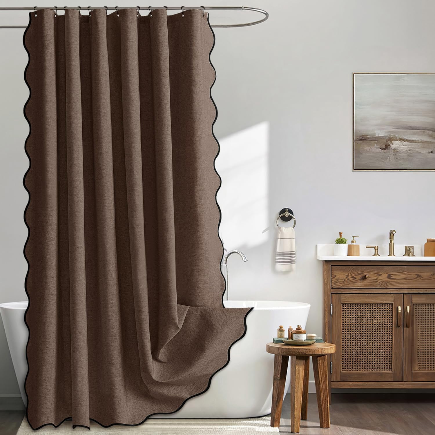 84" Long Scalloped Shower Curtain Linen Textured with 12 Metal Hooks Cute Extra Long Heavy Duty Washable Waterproof Cloth Shower Curtains with Black Border for Bathroom Hotel Bathtub,Beige - Walmart.com