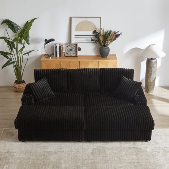 84" Loveseat Cloud Couch with 2 Ottomans and 2 Cup Holders, Modular Deep Seat Sectional Sofa with Hidden Storage and Throw Pillows for Living Room, Black