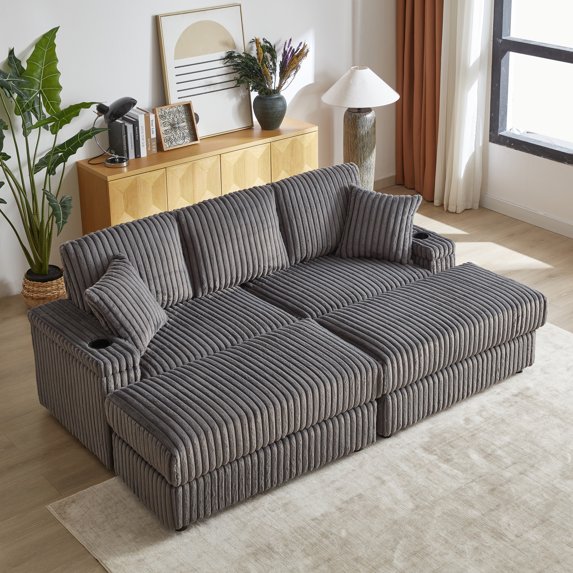 84" Loveseat Cloud Couch with 2 Ottomans and 2 Cup Holders, Modular Deep Seat Sectional Sofa with Hidden Storage and Throw Pillows for Living Room, Grey