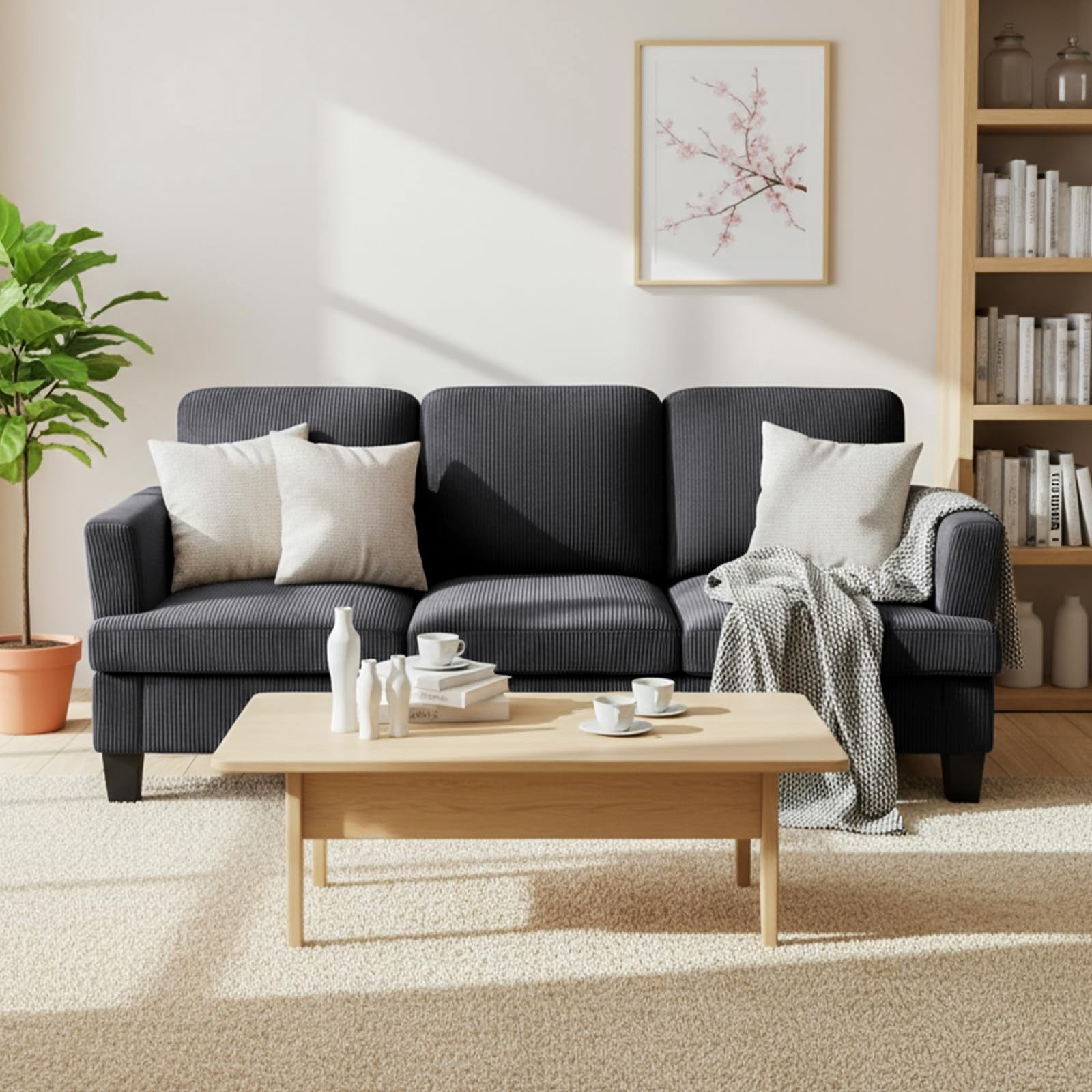 84" Mid Century Modern 3 Seater Sofa Couch, Deep Seat Corduroy Upholstered Sofa with Armrests for Living Room, Bedroom & Apartment, Dark Gray
