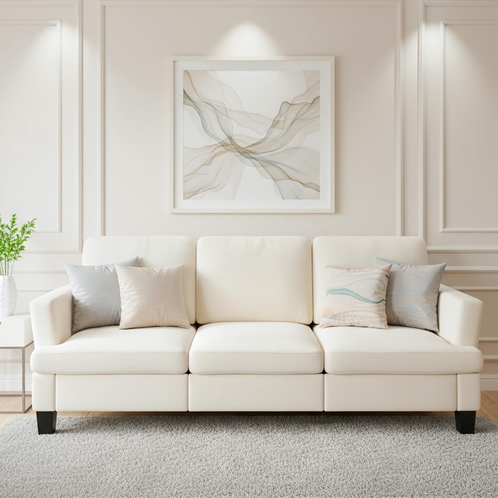84" Mid Century Modern 3 Seater Sofa Couch, Deep Seat Upholstered Sofa with Armrests, Comfy Linen Couch for Living Room, Bedroom, Apartment & Office, Beige