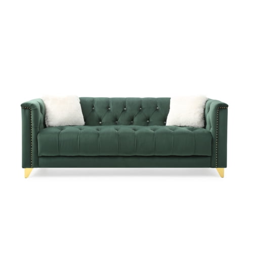 Elegant 88'' Green Velvet Tufted Sofa with Nailhead Accents and Wood Frame