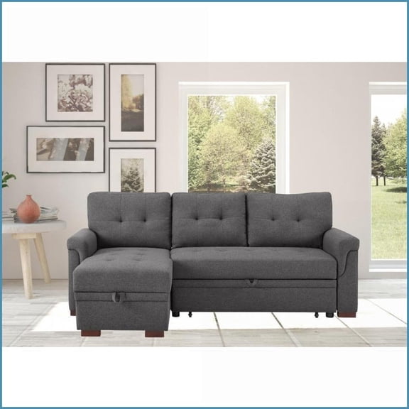 84” Modern Dark Gray Linen Reversible Sleeper Sectional Sofa with Storage Chaise for Living Room | Dark Gray | Linen | Tufted Back