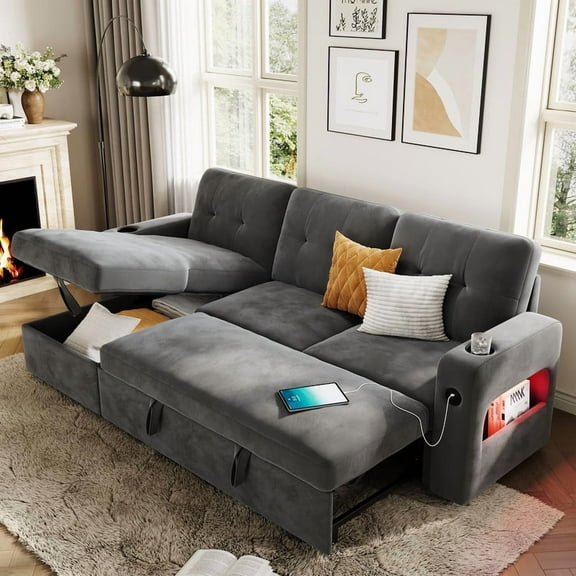 84" Modern L-Shaped Sleeper Sofa with Storage & Charging Station, Convertible Sectional Sofa Bed with LED Lights, USB/Type-C Ports, Reversible Chaise Sofa for Living Room, Apartment, Velvet, Grey