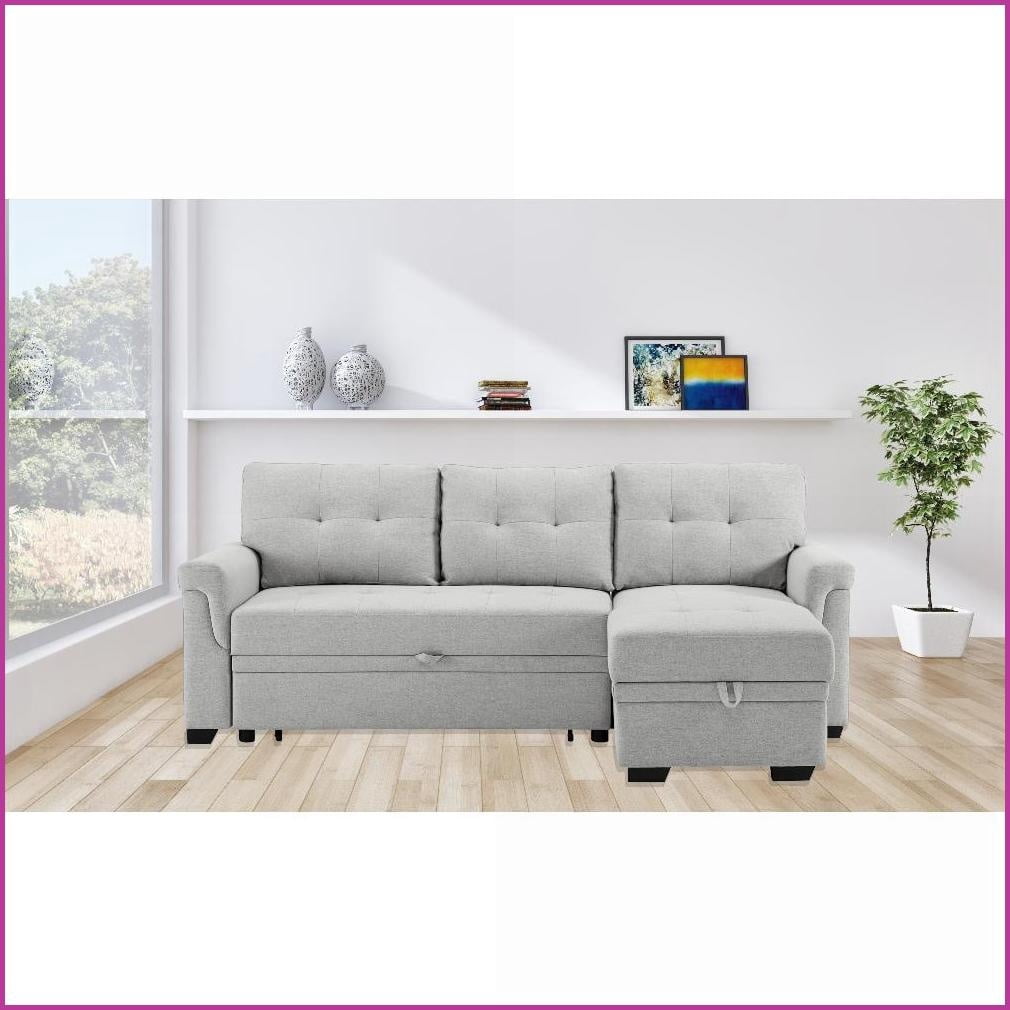 84” Modern Light Gray Linen Reversible Sleeper Sectional with Storage ...