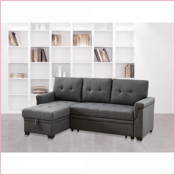 84” Modern Linen Sectional Sofa with Reversible Storage Chaise & Pull-Out Sleeper for Living Room | Dark Gray | Linen | Tufted Back