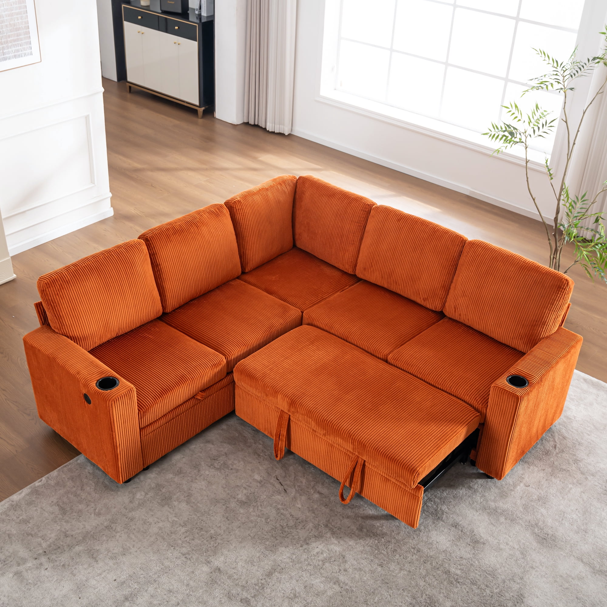 84" Modern Reversible Sectional Sleeper Sofa with Pull-Out Bed, Storage Chaise, USB Ports & Cup Holders