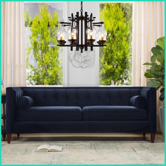 84 Modern Tuxedo Tufted Sofa  Dark Navy Blue Performance Velvet with Bolster Pillows for Living Room