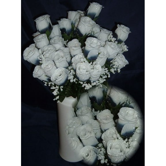 84 Navy Blue / White Silk Rose Flowers w/Raindrops - Wedding Flowers- Bridal/Floral - Centerpiece Flower Arrangement Supplies- Bridal Bouquet Roses