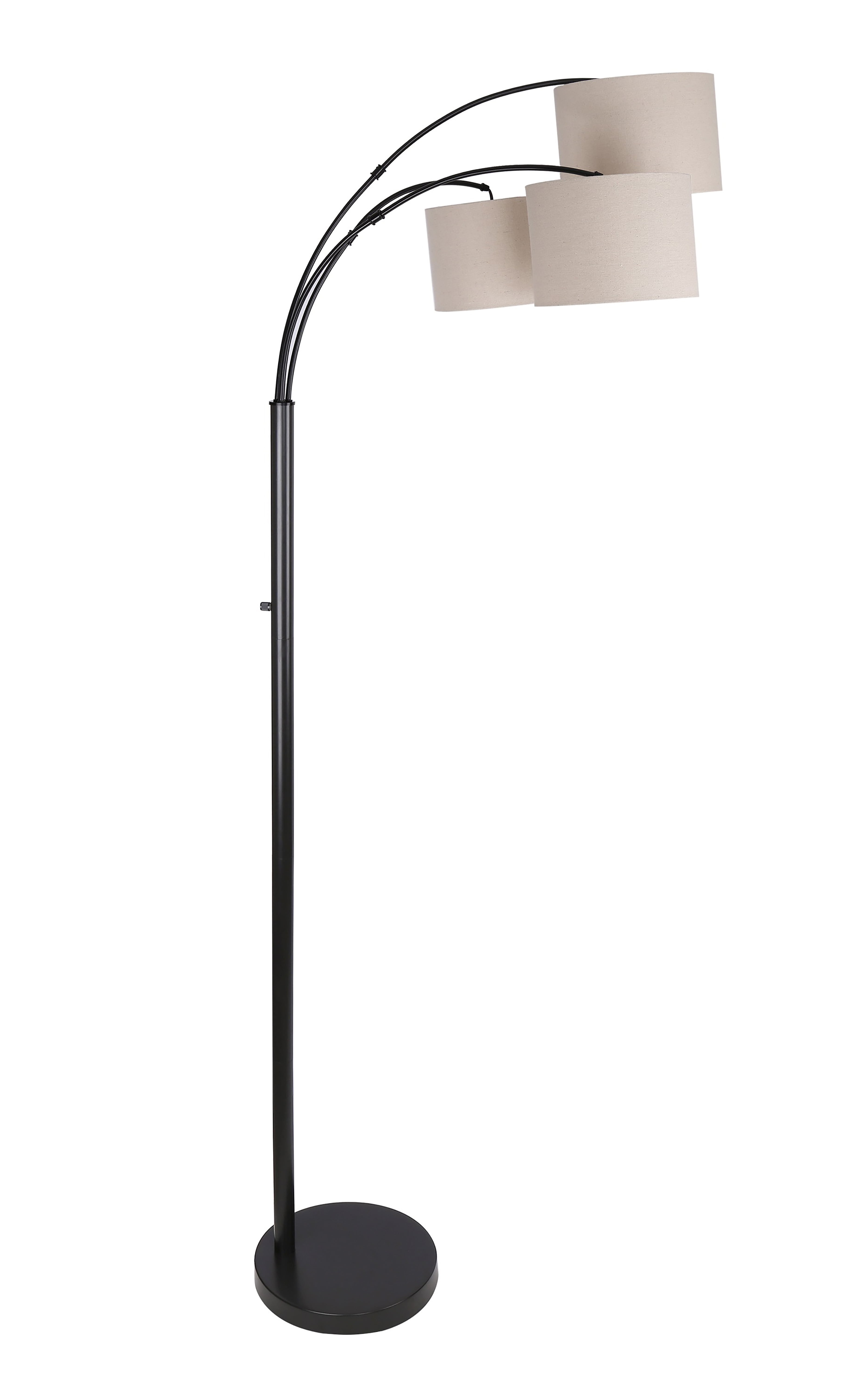 84" Oil Bronze Floor Lamp with Three Lights, Arched Design, and Natural Linen Drum Shades