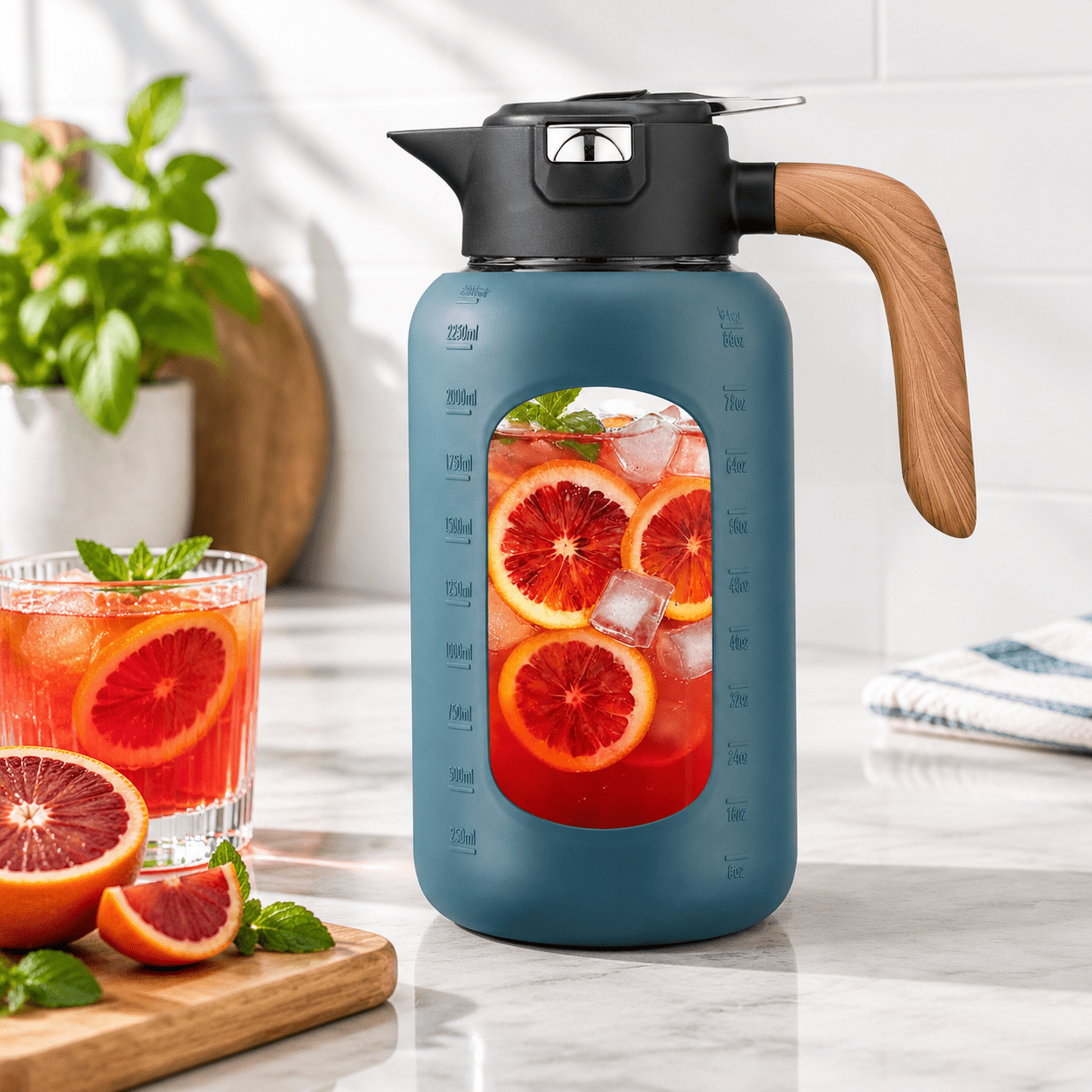 84 Ounces Blue Glass Pitcher with Lid and Handle for Hot and Cold ...
