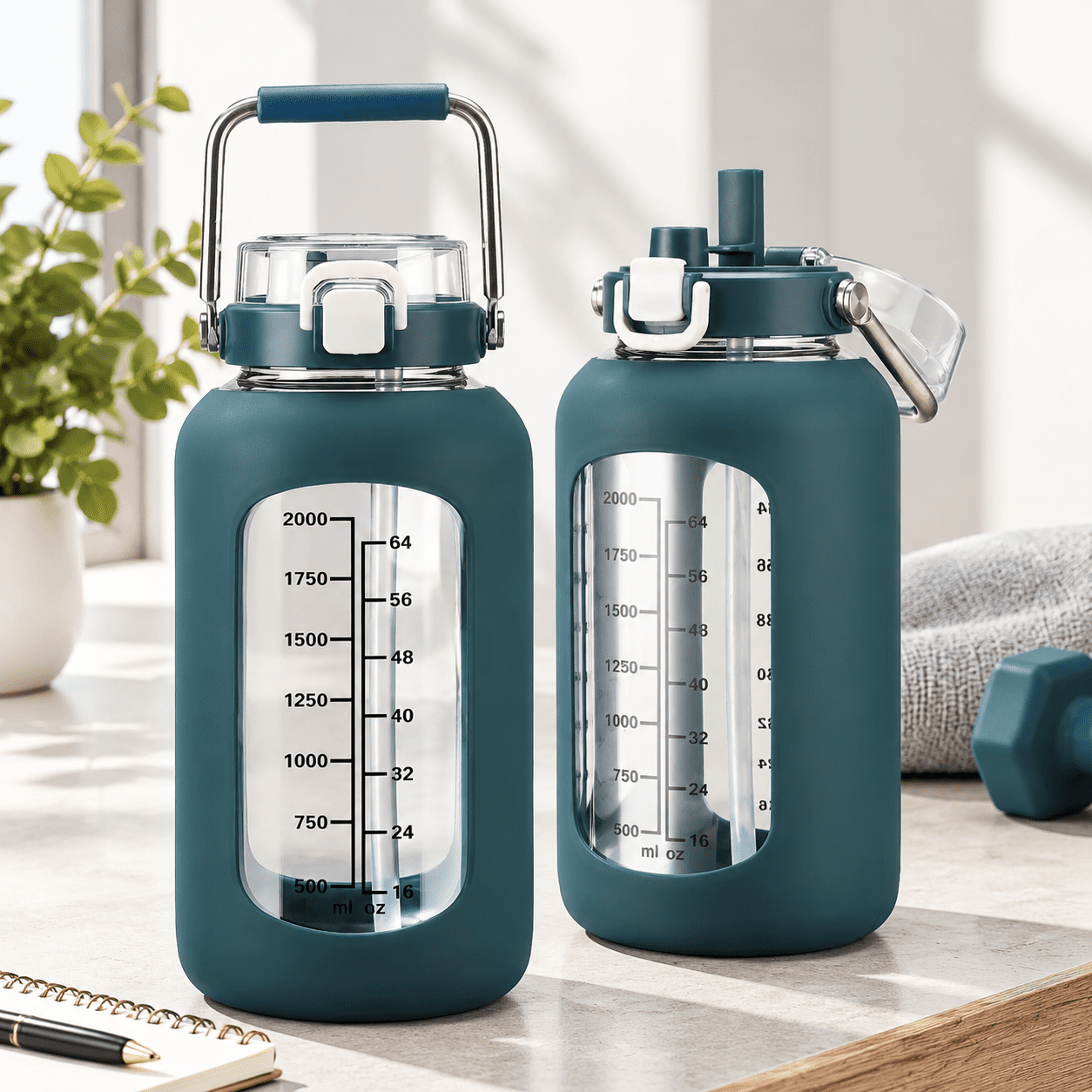 84 Ounces Dark Blue Borosilicate Glass Water Bottle with Time Marker, 2 ...