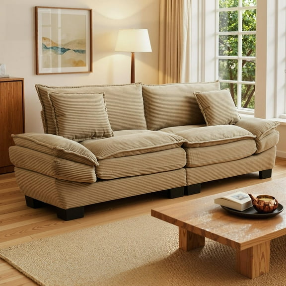 84" Oversized Loveseat Sofa,Upholstered Corduroy Couch 2-3 Seater,Sailboat-Shape Loveseat with Deepseat,Soft Wide Armrest,Pillows for Living Room,Apartment,Dorm,Office,Small Space,Khaki