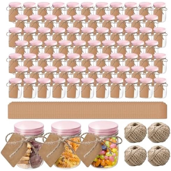 84 Pack 5 oz Plastic Jars with Labels and Craft Twine, Aluminum Lid Yogurt Containers with Lids Bulk, DIY Small Gift Jars for Wedding, Birthday, Halloween, and Christmas Party Favors