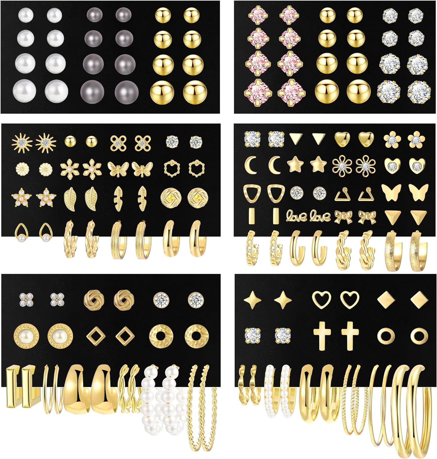 UMEHOME 84 Pairs Gold Stud Earrings Set For Women Multipack, Fashion Pearl Cubic Zirconia Butterfly Earrings Packs Piercings, Hypoallergenic Stud Hoops Earrings For Gift[Z1]