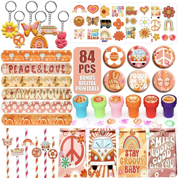 84 Pc Groovy Party Favors Set of 12 Retro Theme Slap Bracelet Keychain Straw Treat Bag Badge Pin Stickers Sheet for Hippie Boho Party Favors
