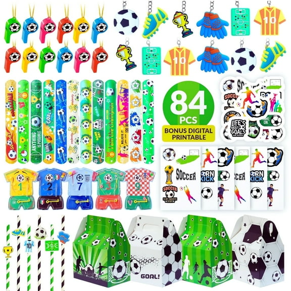 Happy Greetings 84 Pc Soccer Party Favors, 12 Set of Straws Whistle Wristband Keychains Puzzle Toy Soccer Treat Box for Kids Birthday Supply