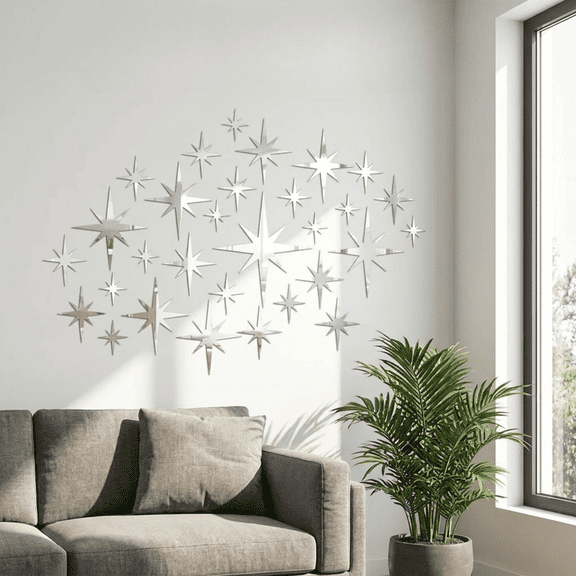 84 Pcs 3D Acrylic Mirror Star Wall Stickers – 5 Sizes Removable Decals, Self-Adhesive Decor for Ceiling, Bedroom, Living Room & Room Aesthetics, Silver