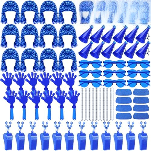 84 Pcs Blue Team Spirit Accessories Bulk Include Foil Wigs Bracelets Megaphone Whistles Hand Clappers Glasses Eye Black Stickers for Cheerleading Pom Football Sporting Events Cheer Gifts
