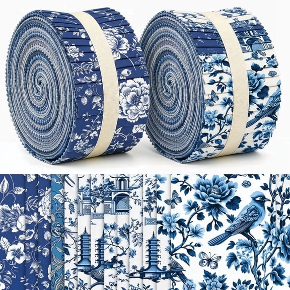 84 Pcs Jelly Roll Fabric Strips 2.6x19.69in Cobalt Blue & White Floral Polyester Precuts, 14 Patterns, Durable, Fade Resistant, for Quilting, Sewing, DIY Home Decor