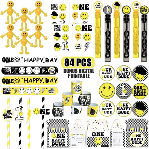 84 Pcs One Happy Dude Birthday Party Favor, 12 Set of Smile Face Theme Gift Box Straw Bubble Stickers Smile Badge Pin for First Birthday Party Supply Y102