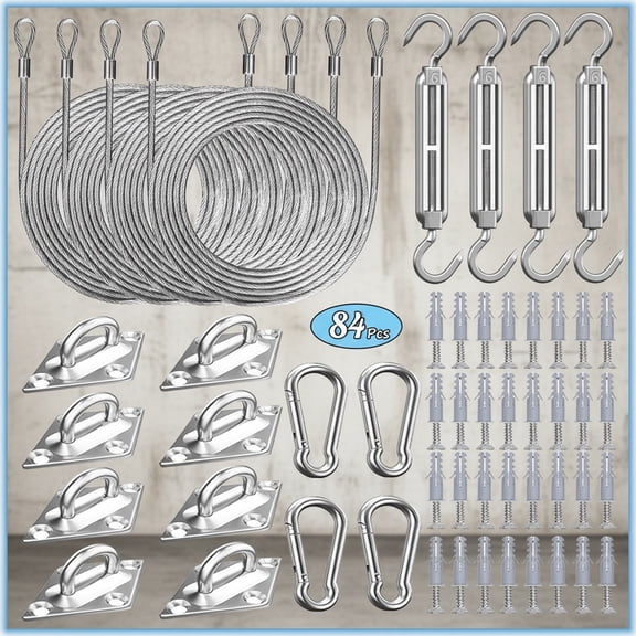 84 Pcs Sun Shade Sail Hardware Kit with Cable Wire Rope for Rectangle Square Triangle Shade Sail Installation, 304 Stainless for Garden, Outdoors, DIY Crafts, Railing