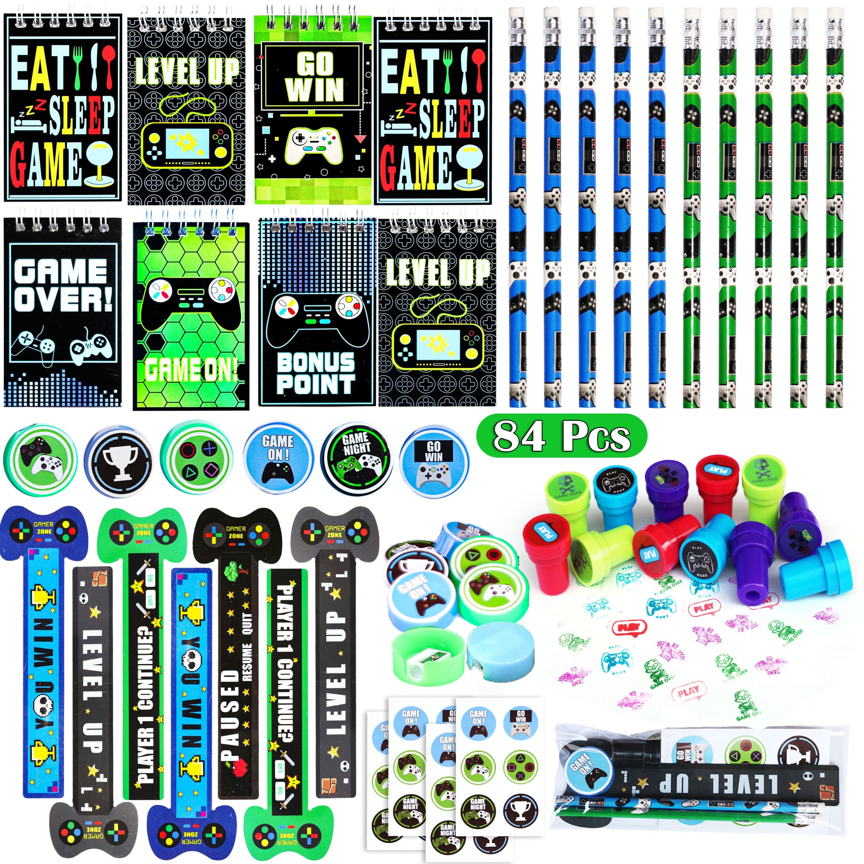 84 Pcs Video Game Party Favors for Kids Includes Game On Mini Notebook Sticker Pencil Stampers Gamer Sticker Set for Boys Birthday Supplies Classroom Rewards