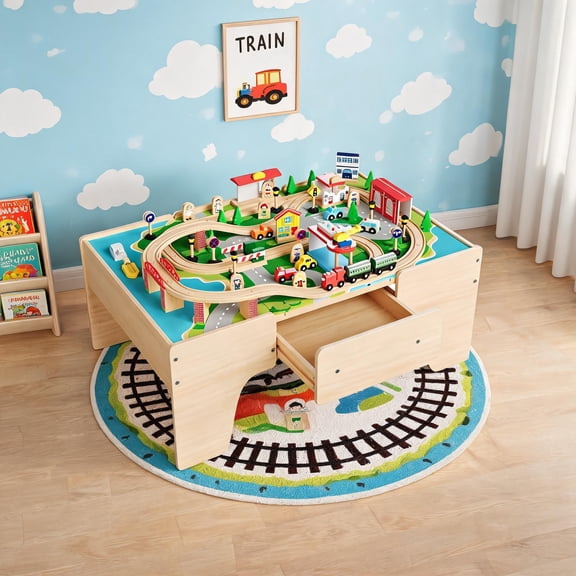 84 Pcs Wooden Train Table Playset