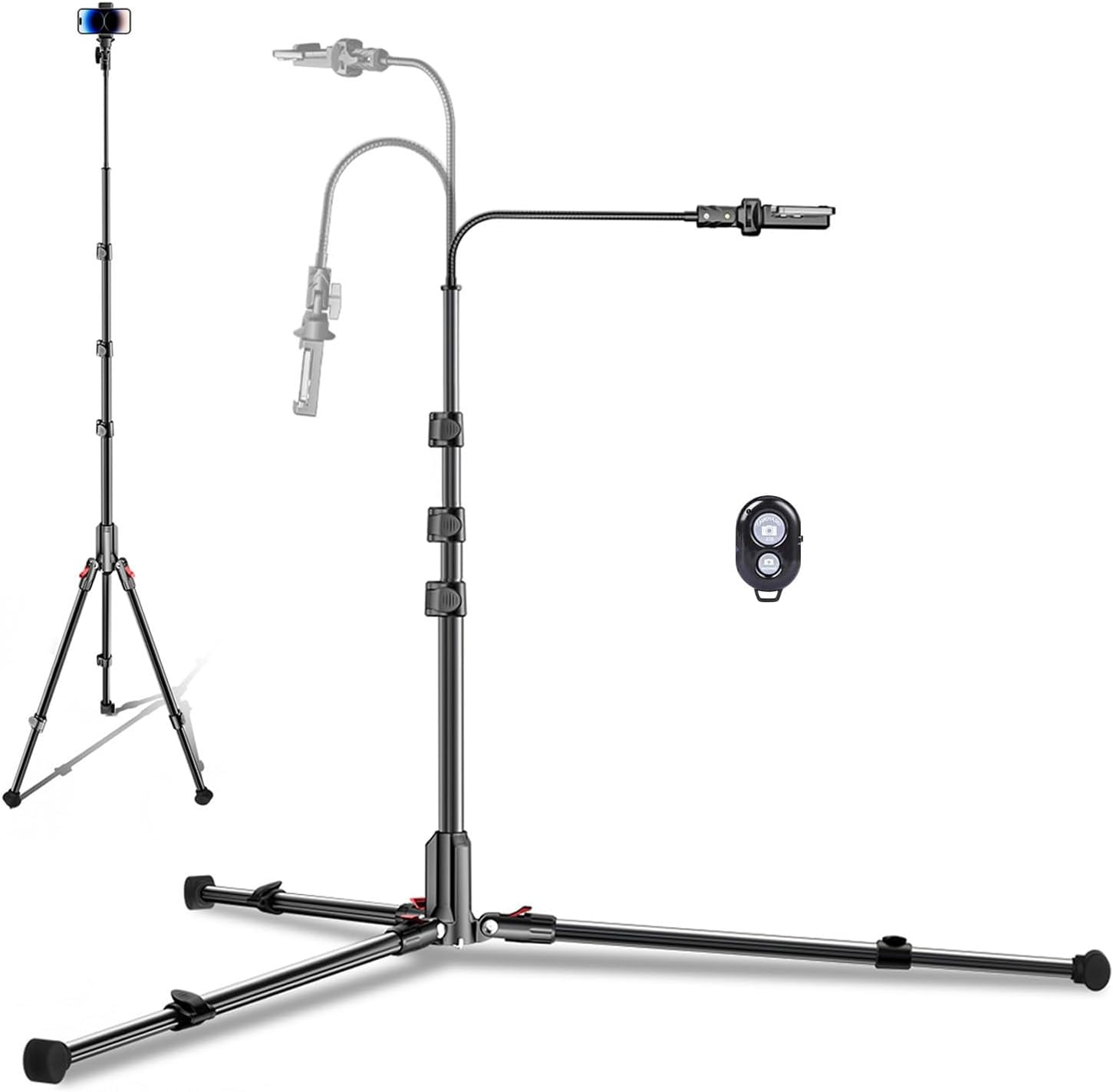 84" , Tall Tripod Stand for Selfies with Flexible Gooseneck & Remote, Compatible with iPhone Android, Travel/Gopro/Ring Light/Webcam/Video Recording/Vlogging