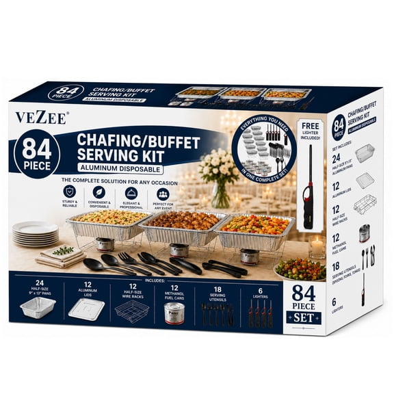 VeZee 84-Piece Disposable Chafing Dish Buffet Serving Kit with Half Size Aluminum Pans, Racks, Fuel Cans & Serving Utensils