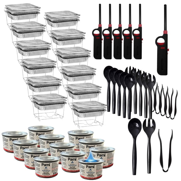 84-Piece Disposable Chafing/Buffet Serving Kit Include Fuel Cans, Racks, Aluminum Pans, Utensils and Lighters to Serve 6 Dishes with Style