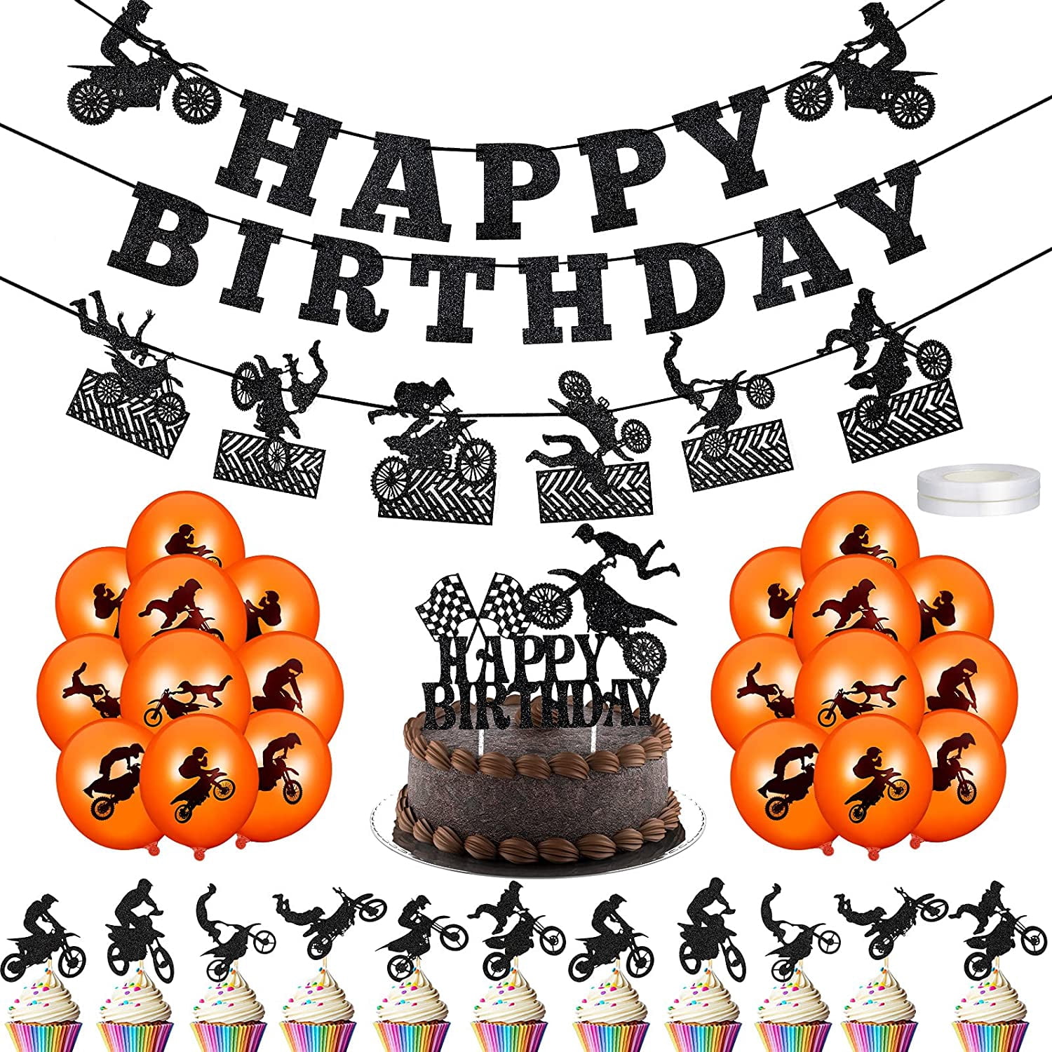 25 Motorrad-Cupcake-Topper – Schwarz Glitzernd, Motocross-Design, Für Kindergeburtstag & Motopartys