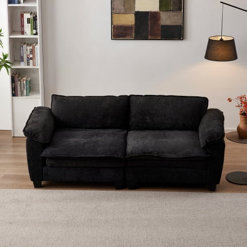 84" Plush Chenille Convertible Sleeper Sofa Bed, Upholstered Folding Couch with Pocket Coil Cushion, Convertible Sleeper Chair with Removable Washable Covers for Living Room Furniture, Black