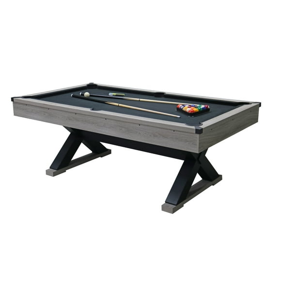 84" Pool Table with Billiard Balls, Cues, Pool Cue Chalk, Cleaning Brush, X-Legs, Rustic Grey,84.1"L x 46.5"W x 32"H