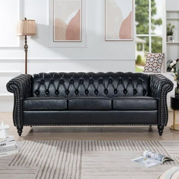 84"Rolled Arm Chesterfield Sofa Couch, Modern 3 Seater Sofa Couch, Luxious Leather Couch with Thicken Seat Cushions and Button Tufted Back, Chesterfield Couch with Nailhead Trim, Black+PU