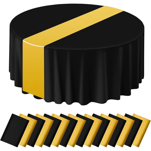 84" Round Plastic Tablecloth 12 x 108 Satin Table Runners Set, 16Pcs Black and Gold Disposable Tablecloths, Table Cover for Wedding Birthday Party Baby Shower