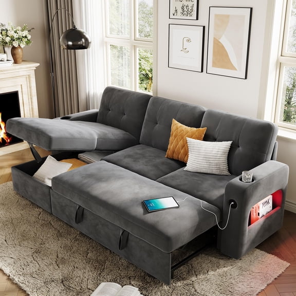 84" Sleeper Sofa with Storage & Charging Station, Convertible Sectional Sofa Bed with Pull-Out Bed, LED Lights, Velvet Couch for Living Room Apartment, Dark Gray