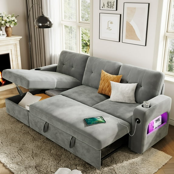 84" Sleeper Sofa with Storage & Charging Station, Convertible Sectional Sofa Bed with Pull-Out Bed, LED Lights, Velvet Couch for Living Room Apartment, Light Gray