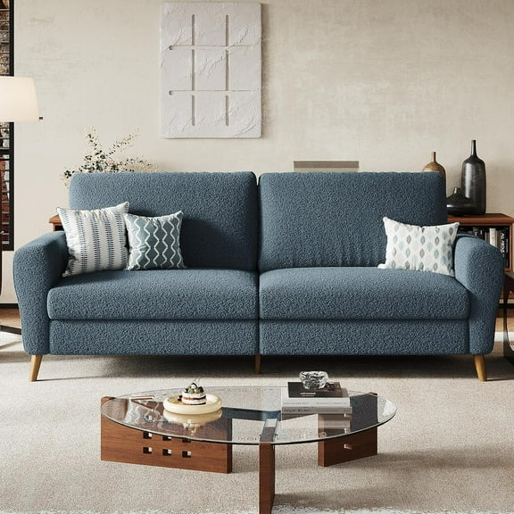 84" Sofa, 3 Seater Couch for Living Room, Modern Loveseat, Boucle Sofa with Deep Seats, Wide Armrests, Wood Legs, Easy Assembly, Upholstered Comfy Sofa for Bedroom Office, Dark Blue