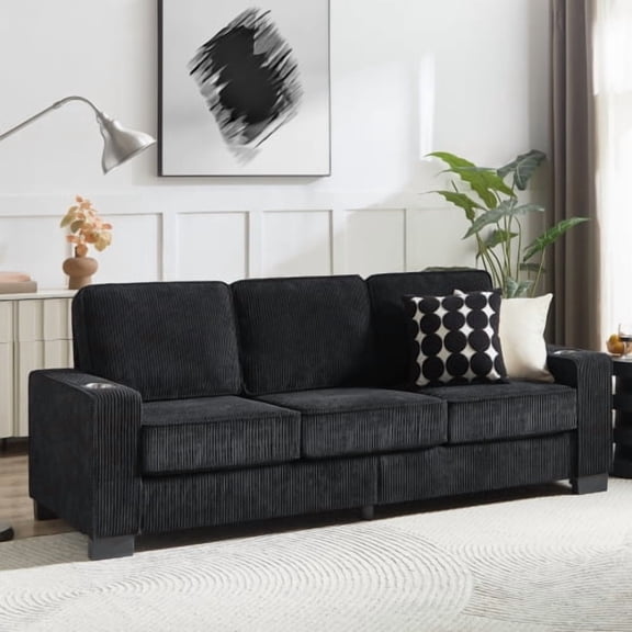 84" Stain Resistant Corduroy Large Sofa, Mid-Century Modern Sofa with Cup Holder, Oversized Sofa Chair with Washable Cushions for Office Living Room, Black
