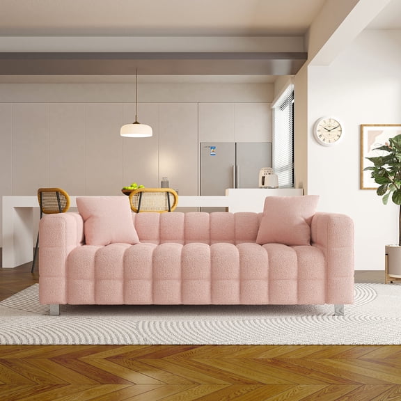 84" Teddy Velvet 3-Seater Sofa, Modern Plush Bubble Couch with Deep Seat and 6 Metal Legs, Blue, For Living Room, Bedroom, Office