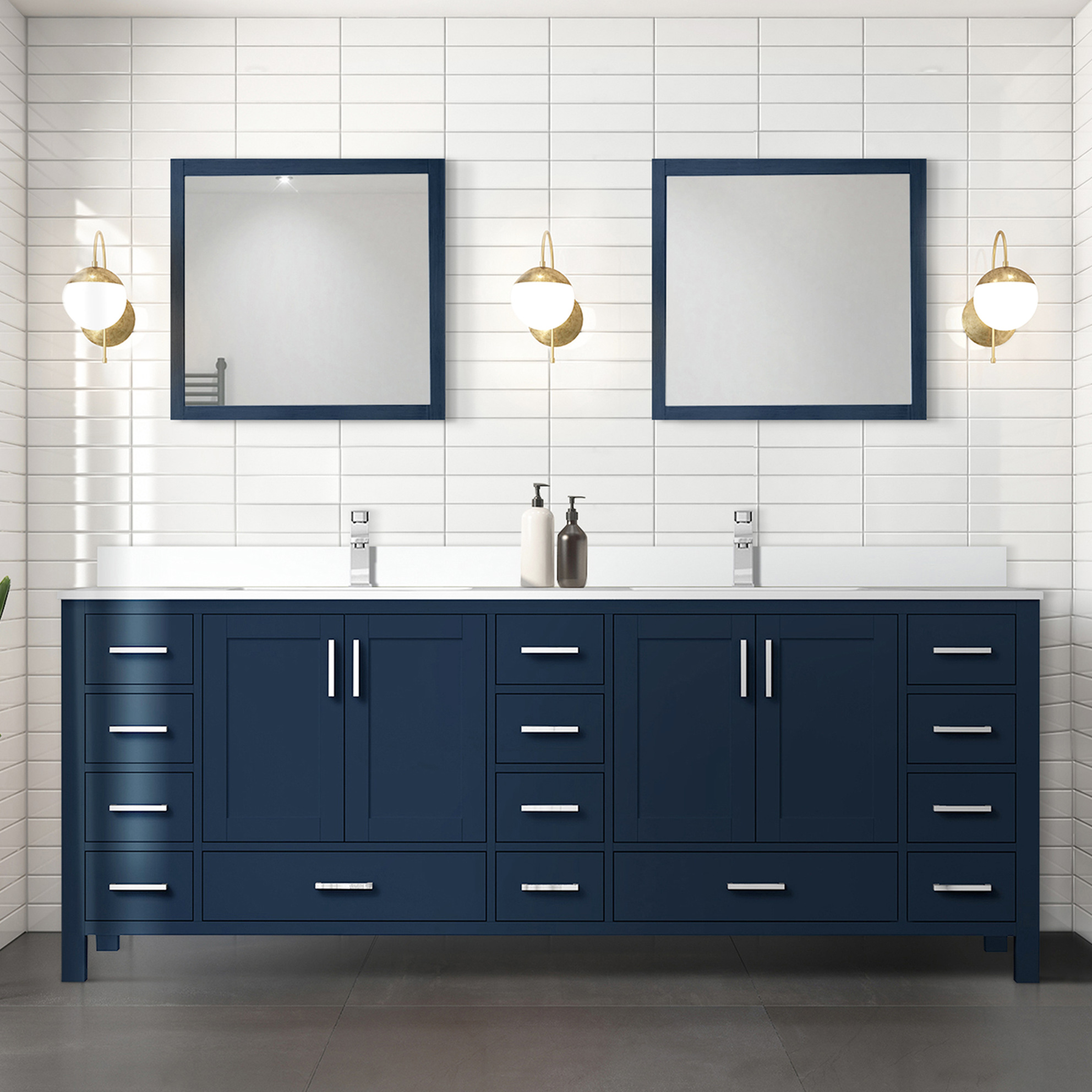 84" W Navy Blue Bath Vanity With Cultured Marble Top & Solid Wood Frame